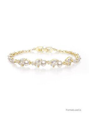Simulated Pearl CZ Leaf Tennis Bracelet Women Bride Wedding